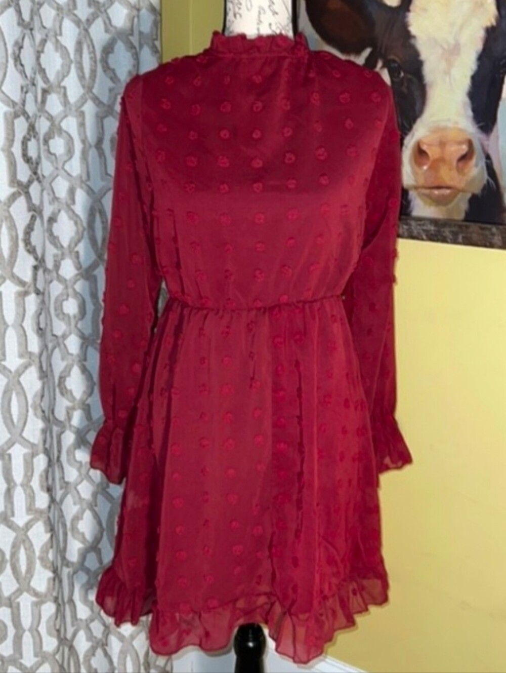 Shein Red Swiss Dot Ruffle Mini Dress - Long Sleeve Mock Neck